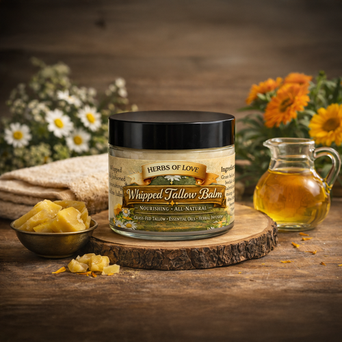 whipped tallow balm jar on display with oils and herbs around it