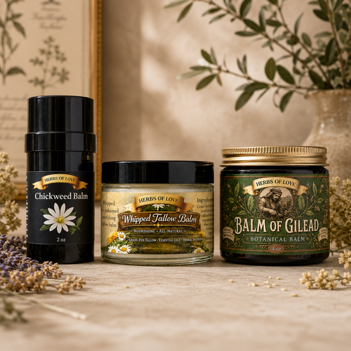 display pic of chickweed balm, whipped tallow balm and balm of Gilead