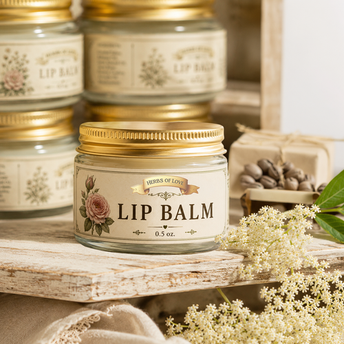Herbs of Love Lip Balm jars with gold lids and rose labels, styled with elderflower blossoms beside the Botanical Balms box