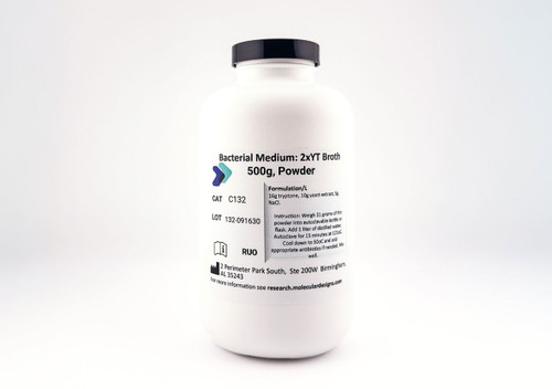 2xYT Broth powder C132, 500g, rich double-strength yeast tryptone bacterial growth medium for high-density culture and recombinant protein expression, pH 7.0, autoclavable