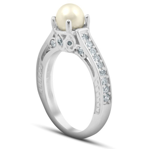 Pompeii3 Diamond Pearl Vintage Gatsby Style Ring 14K White Gold
