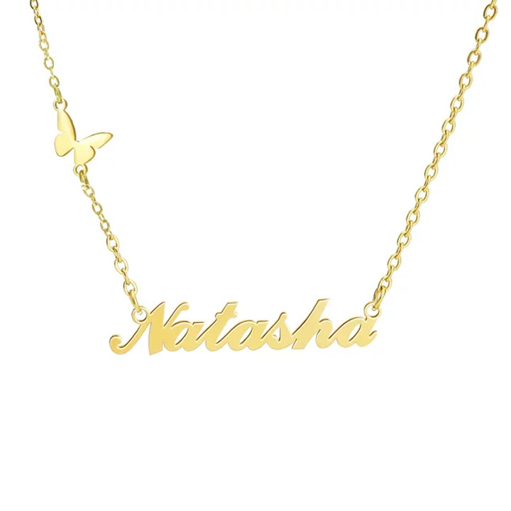 Custom Name Necklace: 18K Gold Plated Stainless Steel with Butterfly, Multiple Chain Lengths