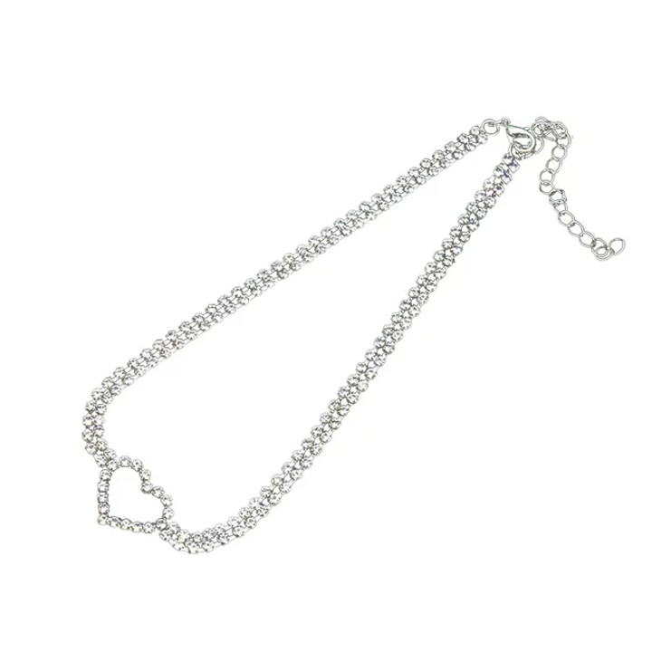 YUEHAO Rhinestone Choker: Diamond Heart Pendant, 2 Rows, Silver.