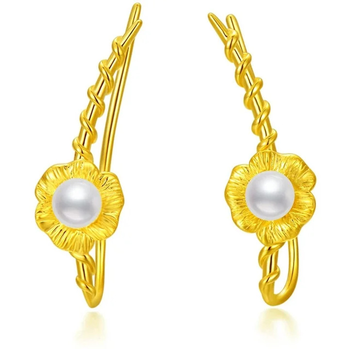 SISGEM: 18K Gold Plated Pearl Leaf Ear Climbers. Ideal Birthday Gift!