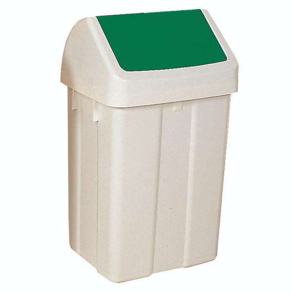 Plastic Swing Top Bin 50 Litre White With Green Lid 330351 Supplies