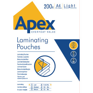 BB62400 Fellowes Apex A4 Light Duty Laminating Pouch Pack 200 6005301 BB62400 Fellowes Apex A4 Light Duty Laminating Pouch Pack 200 6005301