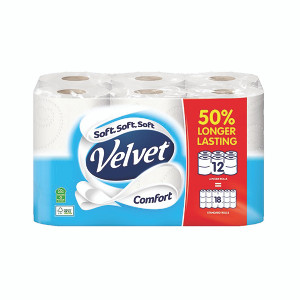 Velvet Comfort 2-Ply Toilet Rolls Longer Rolls (Pack of 12) 1102186 Velvet Comfort 2-Ply Toilet Rolls Longer Rolls (Pack of 12) 1102186