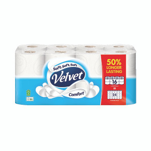 Velvet Comfort 2-Ply Toilet Rolls Longer Rolls (Pack of 16) 1102187 Velvet Comfort 2-Ply Toilet Rolls Longer Rolls (Pack of 16) 1102187