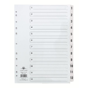 JTCS12 Concord Classic Index 1-12 A4 White Board Clear Mylar Tabs 01201 CS12