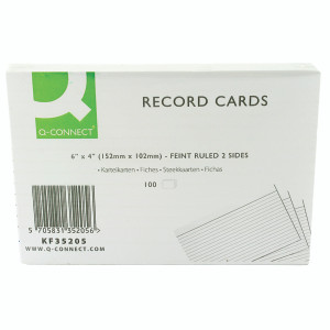 KF35205 Q-Connect Record Card 152x102mm Ruled Feint White Pack 100 KF35205 KF35205 Q-Connect Record Card 152x102mm Ruled Feint White Pack 100 KF35205