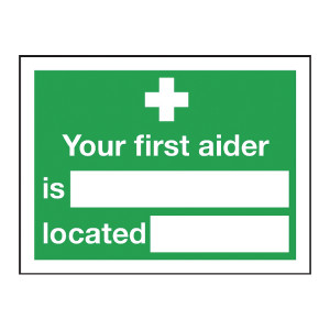 SR71214 Safety Sign Your First Aider Is 150x200mm Self-Adhesive E42A S SR71214 Safety Sign Your First Aider Is 150x200mm Self-Adhesive E42A S