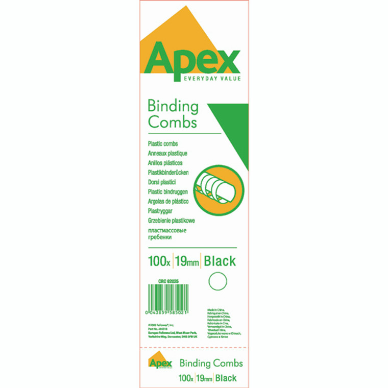 BB58502 Fellowes Apex Plastic Binding Combs 19mm Black Pack 100 6202501