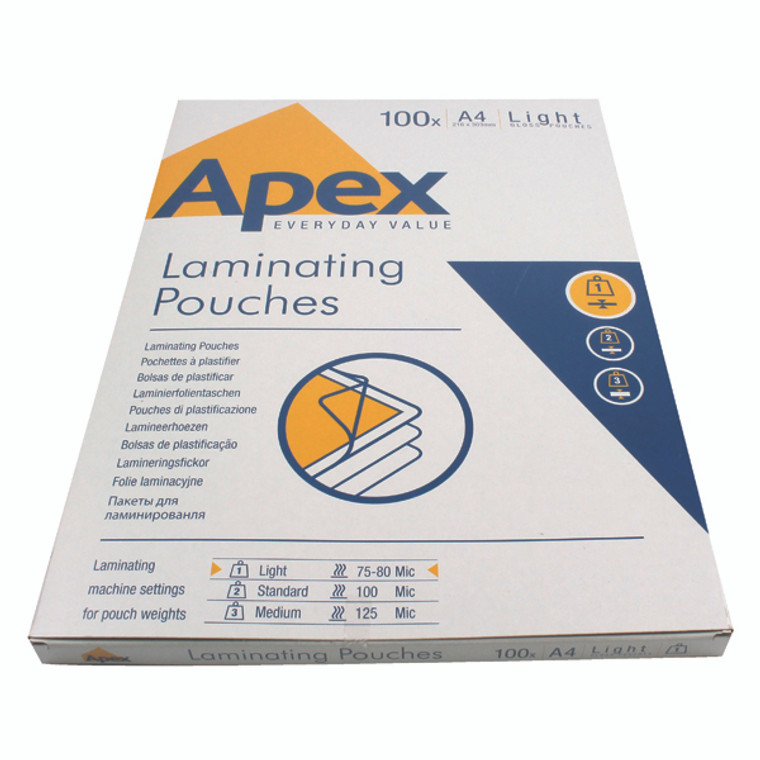 BB58485 Fellowes Apex A4 Light Laminating Pouches Clear Pack 100 6003201