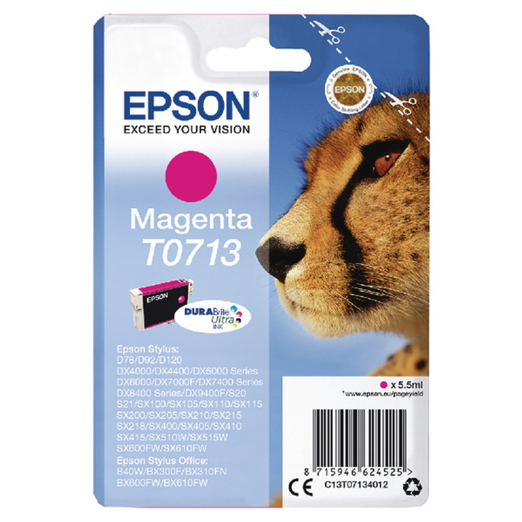 C13T07134012 Epson C13T07134012 T0713 Magenta Ink Cartridge Cheetah 250 pages 6ml