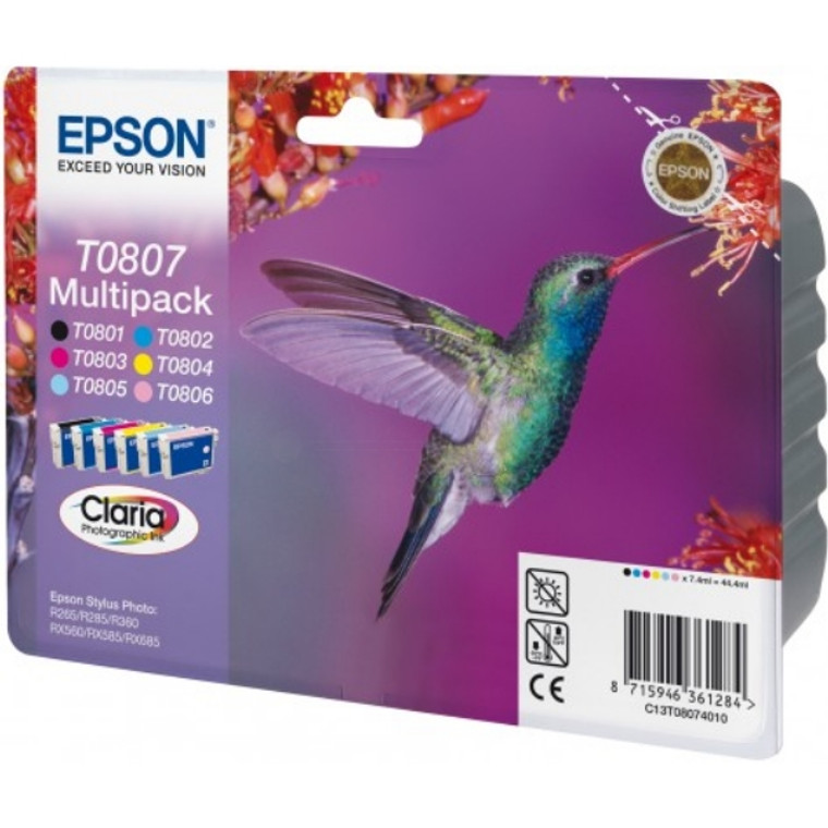 C13T08074021 Epson C13T08074021 T0807 Ink Cartridge Multipack Humming Bird 220 pages 6x74ml Pack qty 6