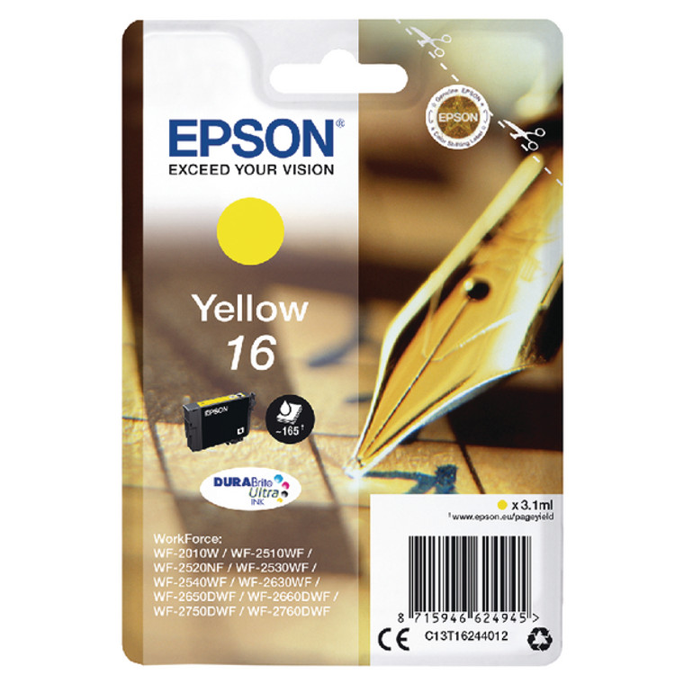 C13T16244012 Epson C13T16244012 16 Yellow Ink Cartridge 165 pages 3ml