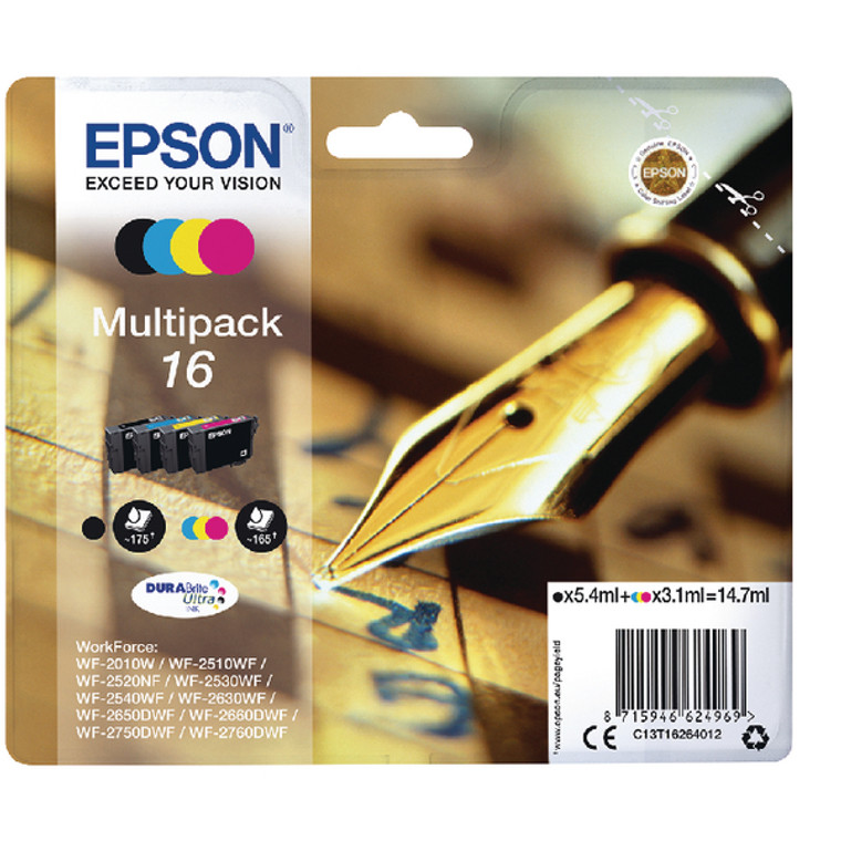 C13T16264012 Epson C13T16264012 16 Ink Cartridge Multipack 175pg 3x165pg 1x5.4ml 3x3.1ml Pack qty 4