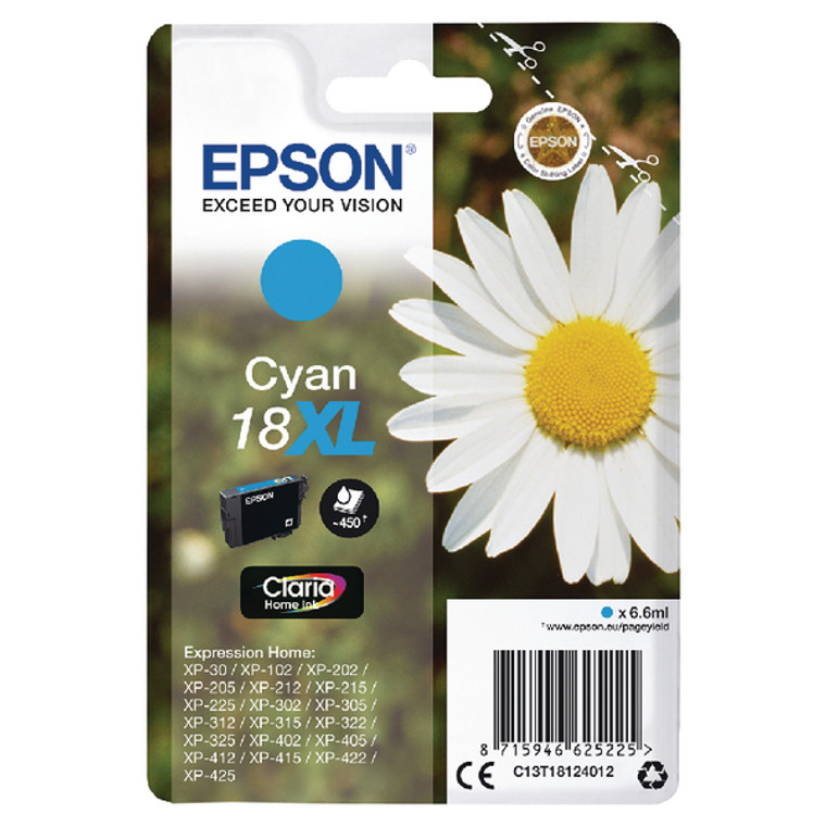 C13T18124012 Epson C13T18124012 18XL Cyan Ink Cartridge 450 pages 7ml