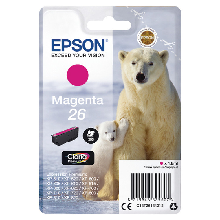 C13T26134012 Epson C13T26134012 26 Magenta Ink Cartridge 300 pages 5ml