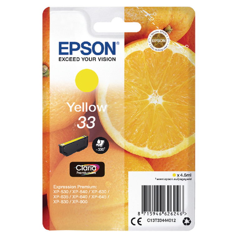 C13T33444012 Epson C13T33444012 33 Yellow Ink Cartridge 300 pages 5ml