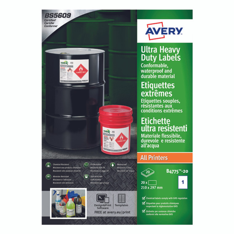 AV13561 Avery Ultra Resistant Labels 210x297mm Pack 20 B4775-20