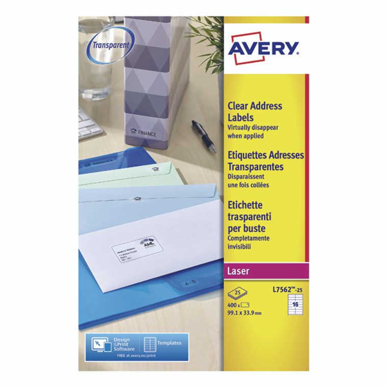 AVL7562S Avery Clear Laser Labels 99x34mm Pack 400 L7562-25