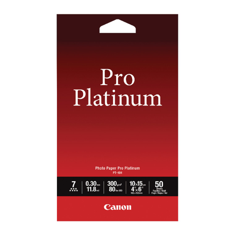 CO57526 Canon Inkjet Photo Paper Pro Platinum 10x15cm 300gsm Glossy Pack 50 PT-101 2768B014