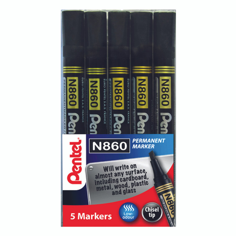 PE11390 Pentel Chisel Tip Permanent Marker Black Pack 5 YN860 5-A