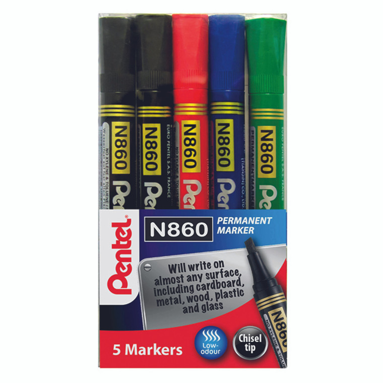 PE11392 Pentel Chisel Tip Permanent Marker Assorted Pack 5 YN860 5-M