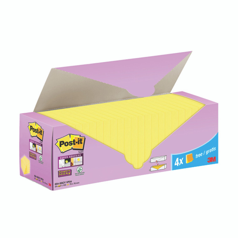 3M85597 Post-it Super Sticky Notes Canary Yellow Cabinet 76x76mm Pack 24