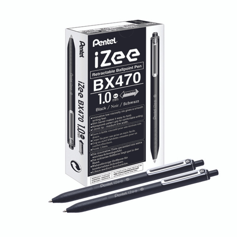 PE04149 Pentel iZee Retractable Ballpoint Pen 1.0mm Black Pack 12 BX470-A