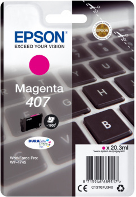 Epson C13T07U340 407 Magenta Ink Cartridge (Keyboard), 1.9K pages, 20ml