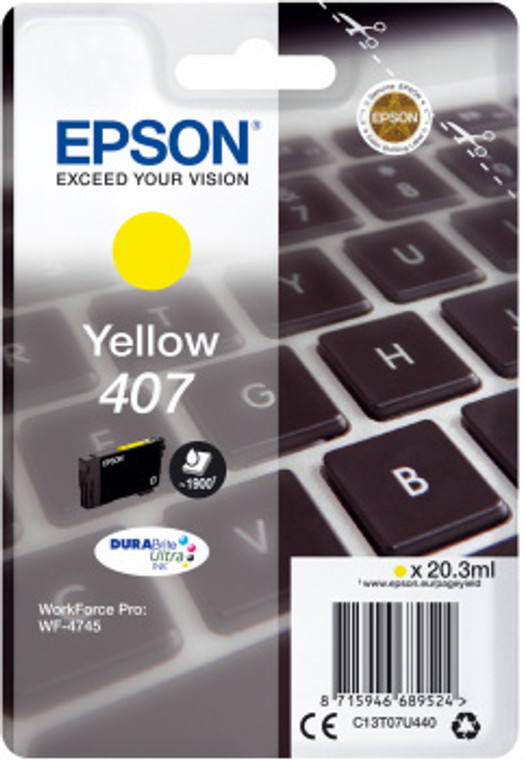 Epson C13T07U440 407 Yellow Ink Cartridge (Keyboard), 1.9K pages, 20ml