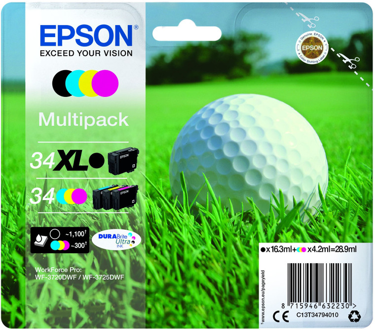 Epson C13T34794010 34XL Ink Cartridge multi pack (Golf Ball), 16,3ml + 3x4,2ml, Pack qty 4