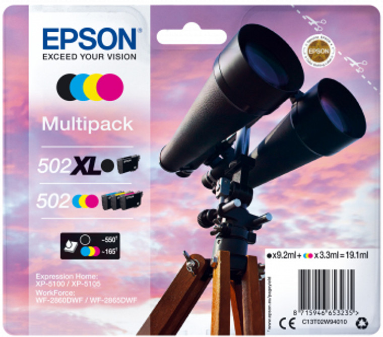 Epson C13T02W94010 502XL/502 Ink Cartridge Multipack BkCMY 9.2ml + 3x3.3ml Pack of 4