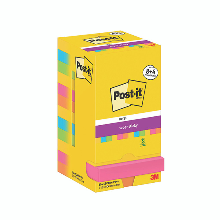 Post-it Super Sticky Notes 76x76mm 90 Sheets Carnival 8+4 FREE (Pack of 12) 654-SSCARN-P8+4