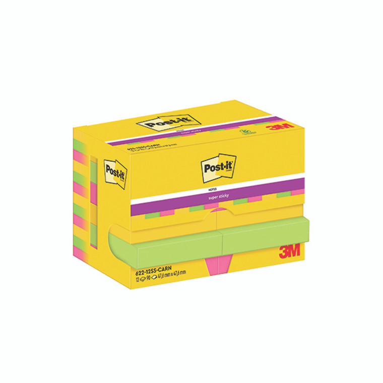 Post-it Super Sticky 47.6x47.6mm 90 Sheets Carnival (Pack of 12) 622-12SS-CARN