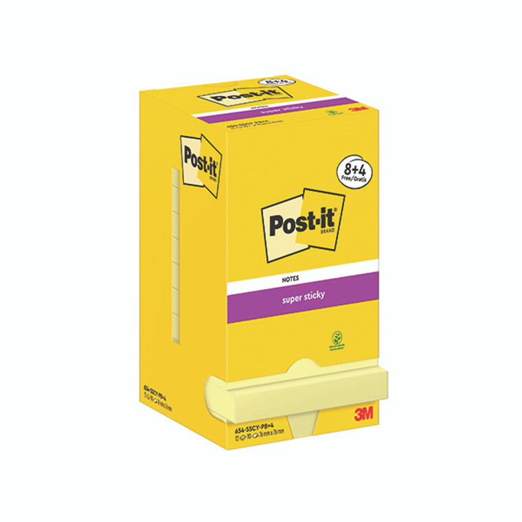 Post-it Super Sticky 76x76mm 90 Sheets Canary Yellow (Pack of 12) 654-SSCY-P8+4