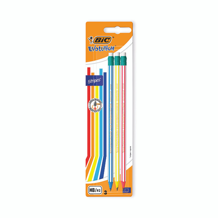 Bic Stripes HB Pencils Eraser Tip Assorted Blister (Pack of 3) 8902781