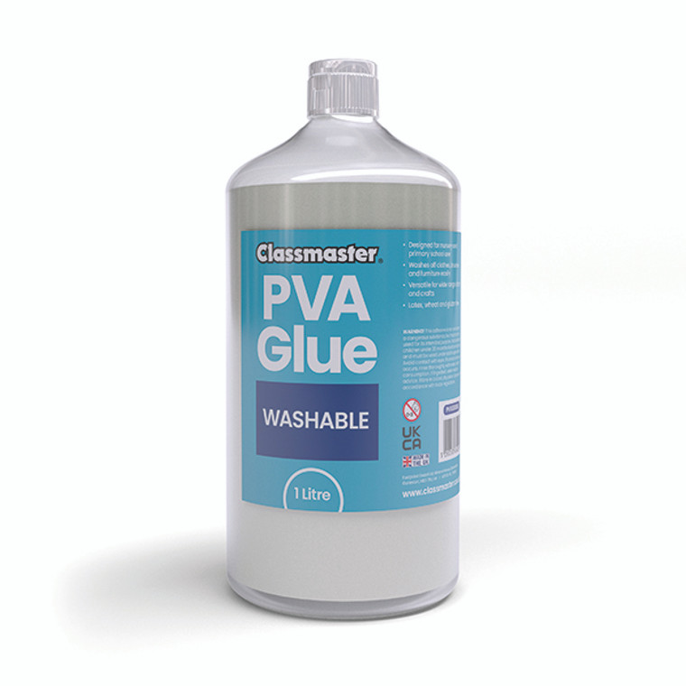 Classmaster White Washable Blue Label PVA Glue 1L Bottle with Screw Cap PVA1000BU