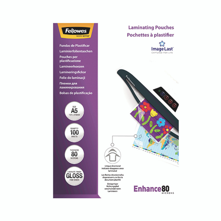 Fellowes ImageLast A5 Laminating Pouch 80 Micron Clear Gloss (Pack of 100) 5306002