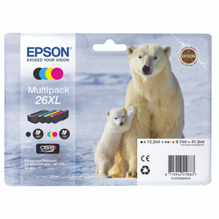T26364010 Epson C13T26364010 26XL BK C M Y Multipack 4 Ink Cartridges Polar Bear High Capacity