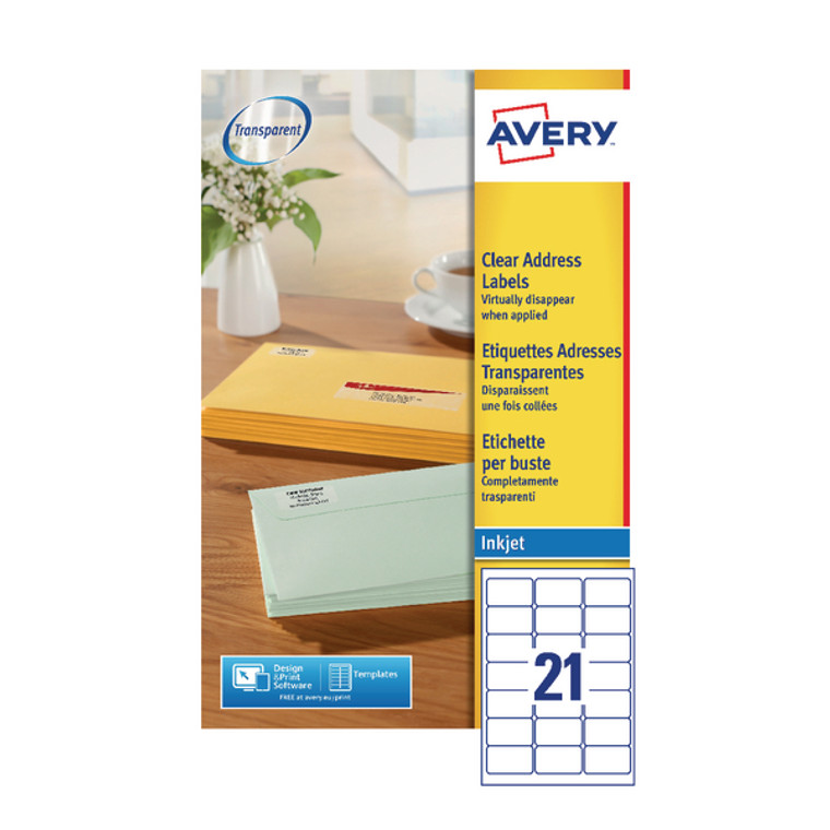 AV17845 Avery Inkjet Address Labels 21 Per Sheet Clear Pack 525 J8560-25