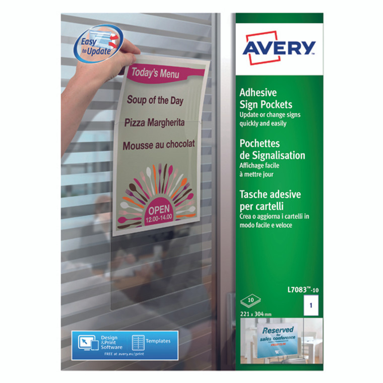 AV04848 Avery Adhesive Sign Pockets A4 Transparent Pack 10 L7083-10