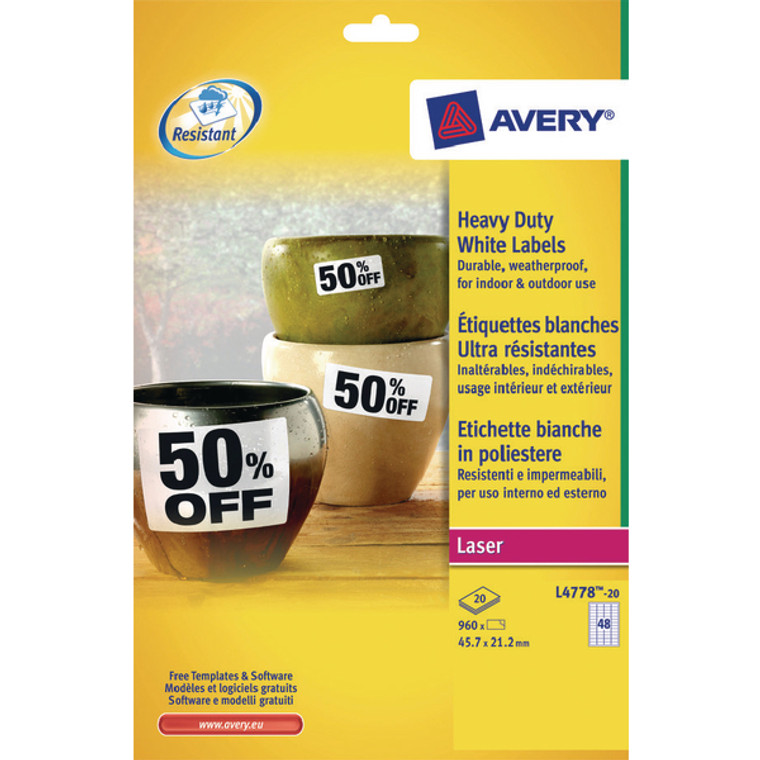 AV10536 Avery Laser Label Heavy Duty 48 Per Sheet White Pack 960 L4778-20