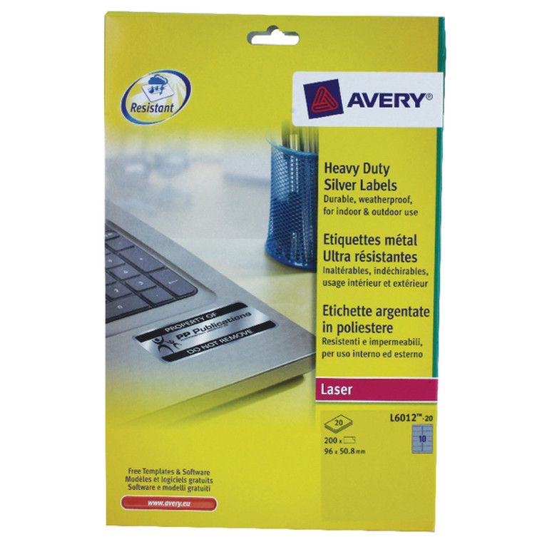 AV13612 Avery Laser Label H-Duty 10 Per Sheet Silver Pack 200 L6012-20