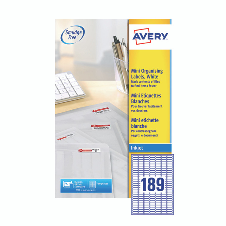 AV10633 Avery Inkjet Mini Labels 189 Per Sheet White Pack 4725 J8658-25