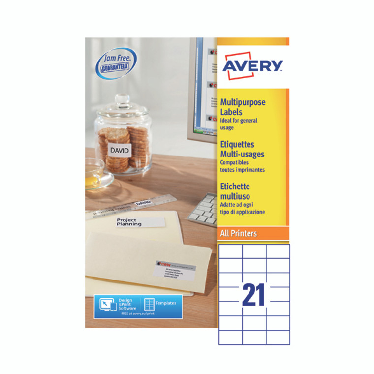 AV81521 Avery Ultragrip Multi Labels 70 x 42 3mm 21 Per Sheet White Pack 2100 3652
