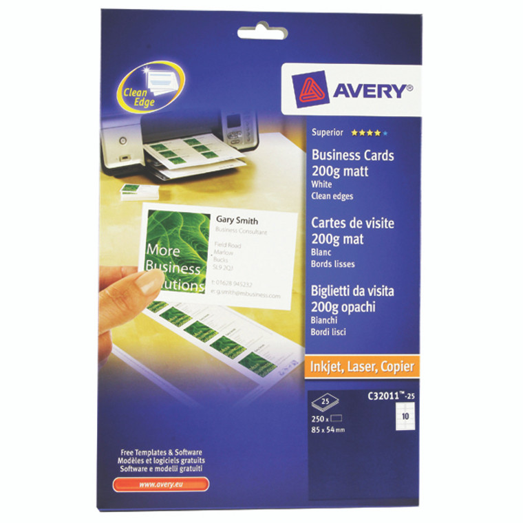 AV10414 Avery Laser Inkjet Multifunction Single-Sided A4 Business Cards 200gsm Matte White 10 cards per sheet Pack 250 C32011-25