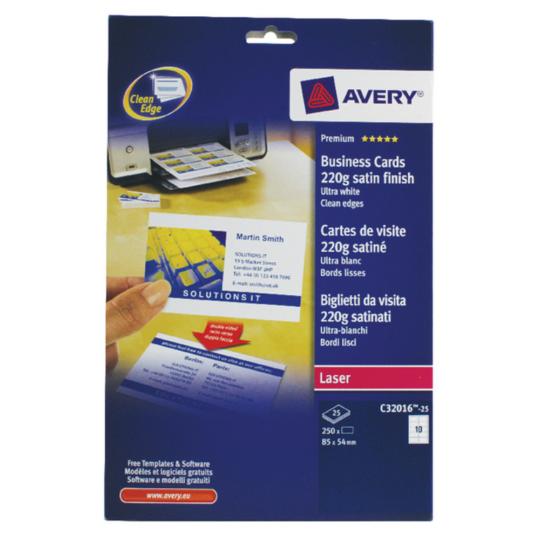 AV24279 Avery Laser Double-Sided A4 Business Cards 220gsm Satin White 10 cards per sheet Pack 250 C32016-25